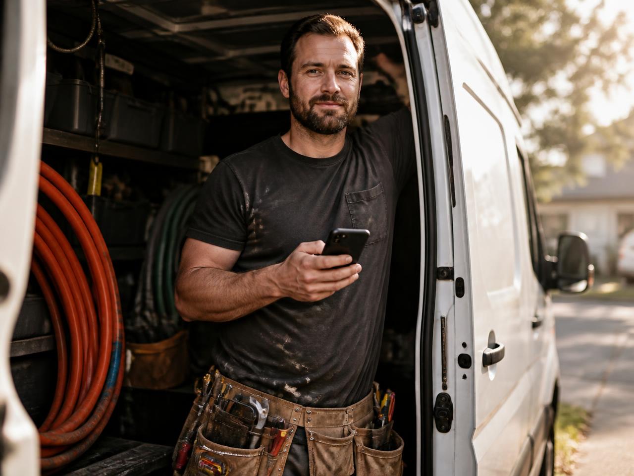 Tradesperson standing at the back of a work van checking quote follow-ups on a phone